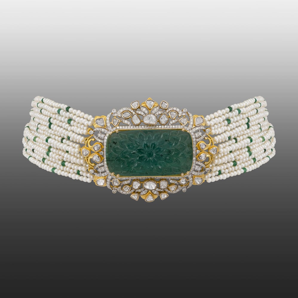 Carved Green Stone Polki Choker with Pearl Strands